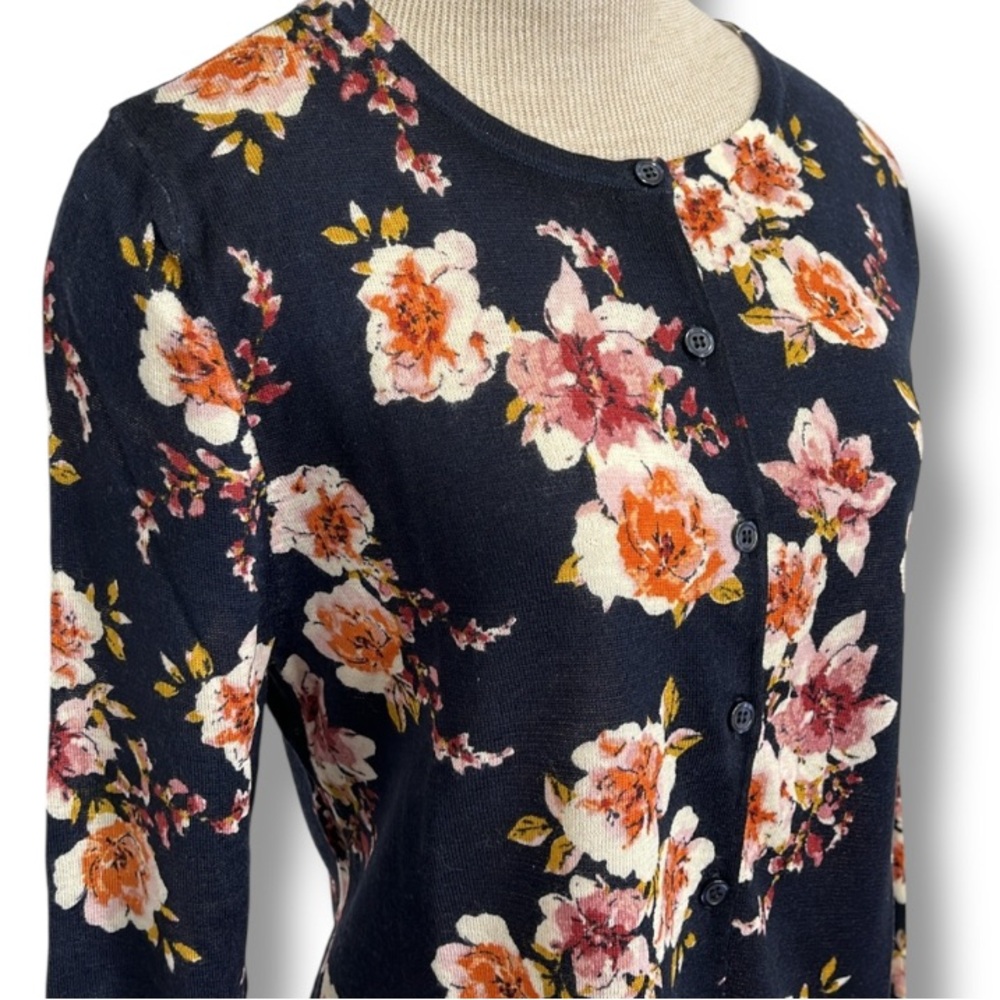 Garnet Hill Navy Floral Button-Front Cardigan